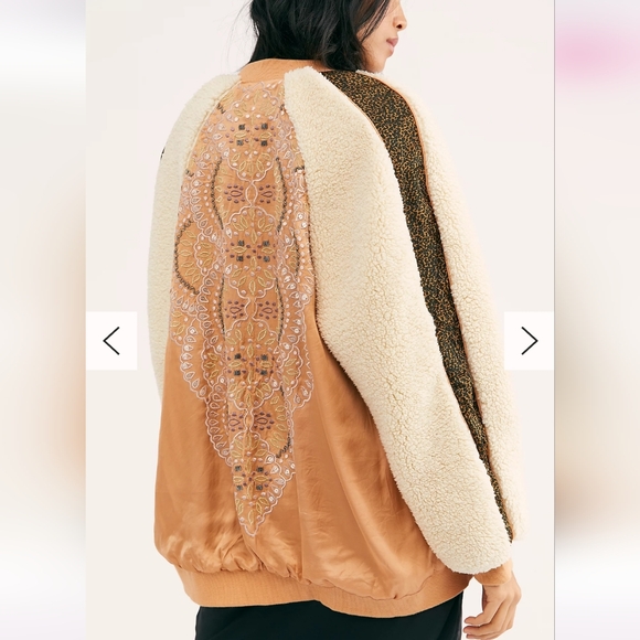 Free People Leopard & Sequin Satin Wicked Games Reversible Bomber Sherpa Jacket - Picture 8 of 9